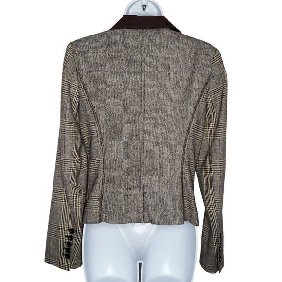 Vtg Y2K Esprit Wool Riding Blazer Coat 4 Single Breasted Plaid Herringbone Brown - Picture 3 of 6